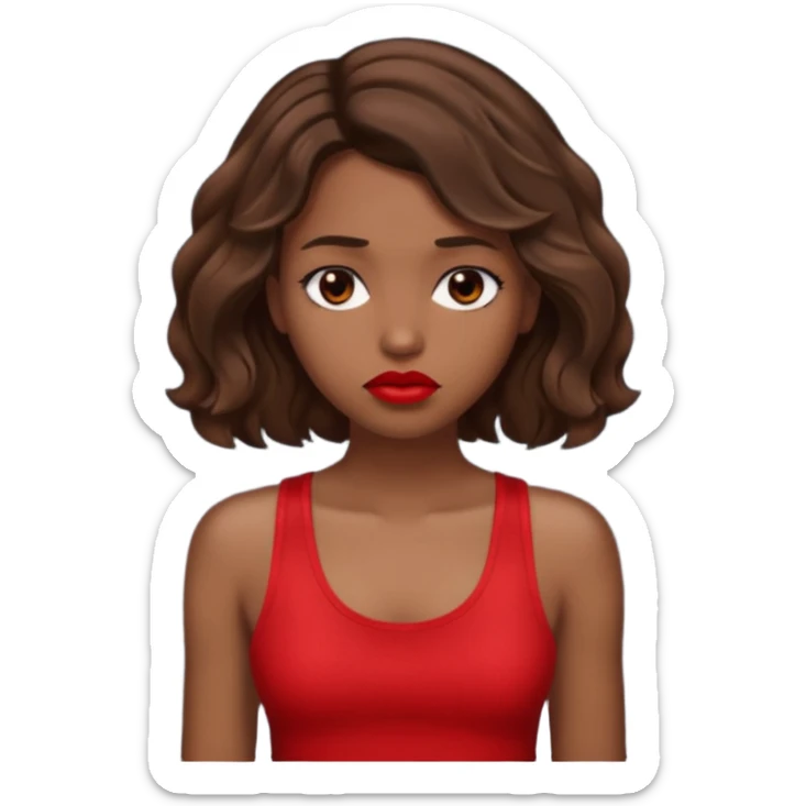 generate a pretty tan bratz girl with brown wavy hair long wearing a red tank top, red lipstick. Looking sad sticker