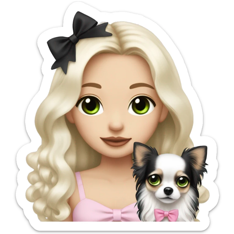pale blonde girl with long platinum white wavy hair with bright green eyes and wearing a light pink hair bow holding a black and white long haired chihuahua puppy also wearing a hair bow sticker