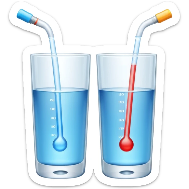 3D illustration of two glasses of water — one cold, one hot, with a thermometer inside each. Particles dissolving faster in hot water, slower in cold. Minimalist, clean, bright, modern 3D icon style. sticker