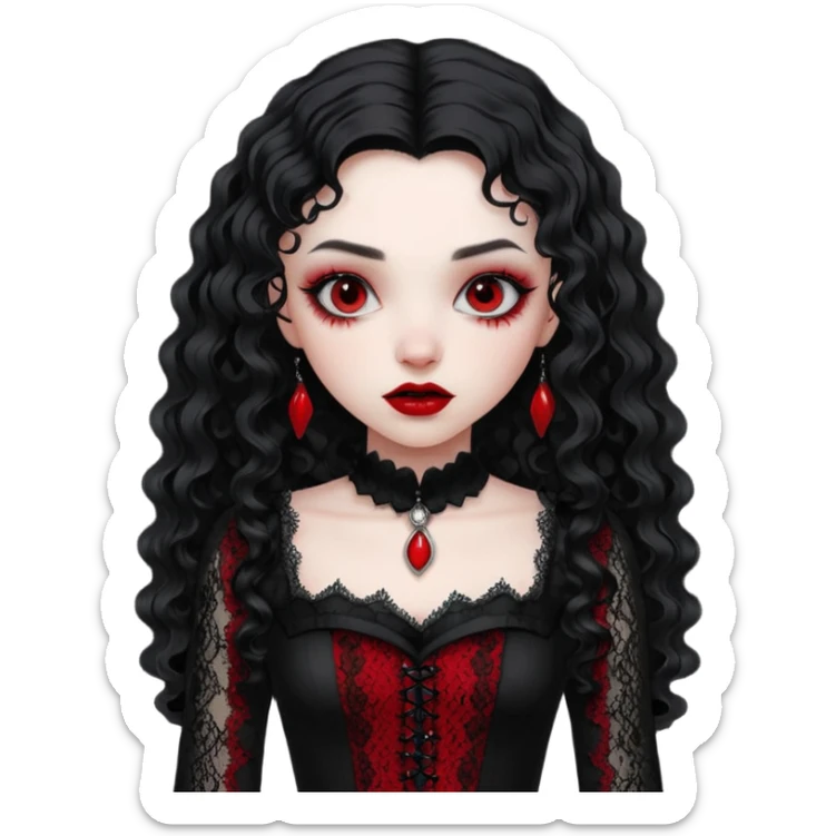 A girl with a red goth vampire look in a black and red goth lace dress with long sleeves and long black curly hair  sticker
