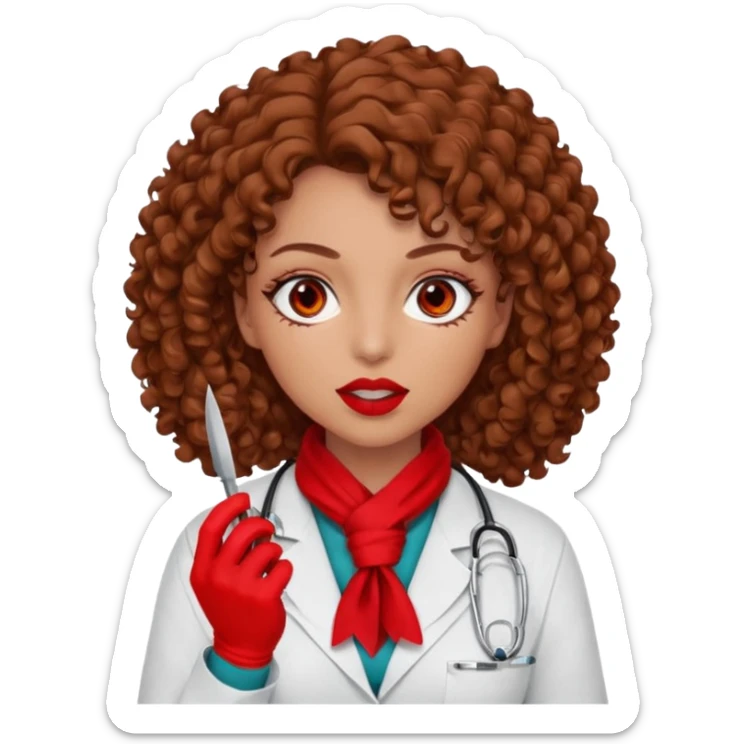 Lilith scalpel in hand, evil surgeon sexy surgeon clothes.  She has red eyes.  Hair is long. Hair is brown and curly hair. Wears sexy doctor outfit with red gloves. Sexy surgeon working for Cartel uses scarf to Covers mouth and neck mask  red sticker