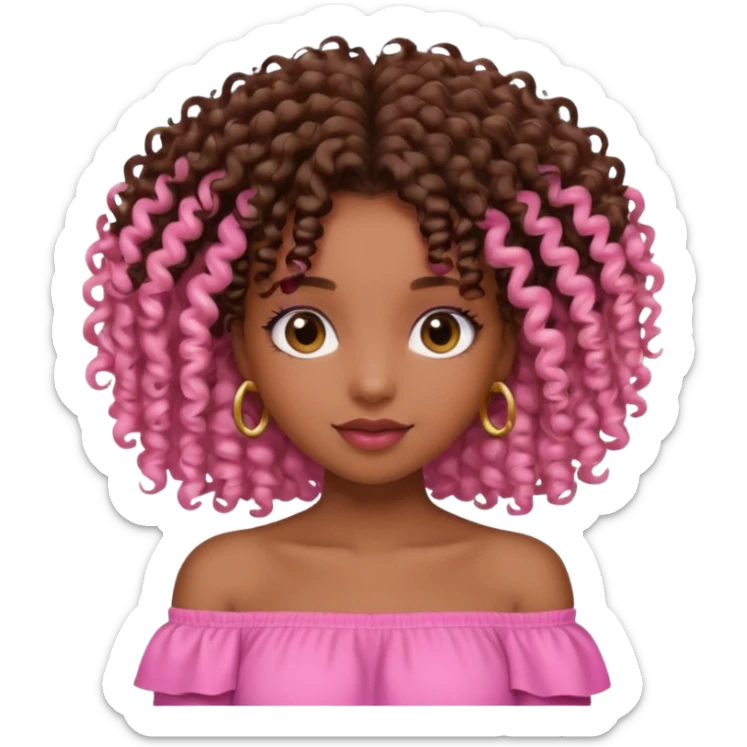 A brown skin girl with a curly 4C hair and she has a pink off shoulder top, sticker