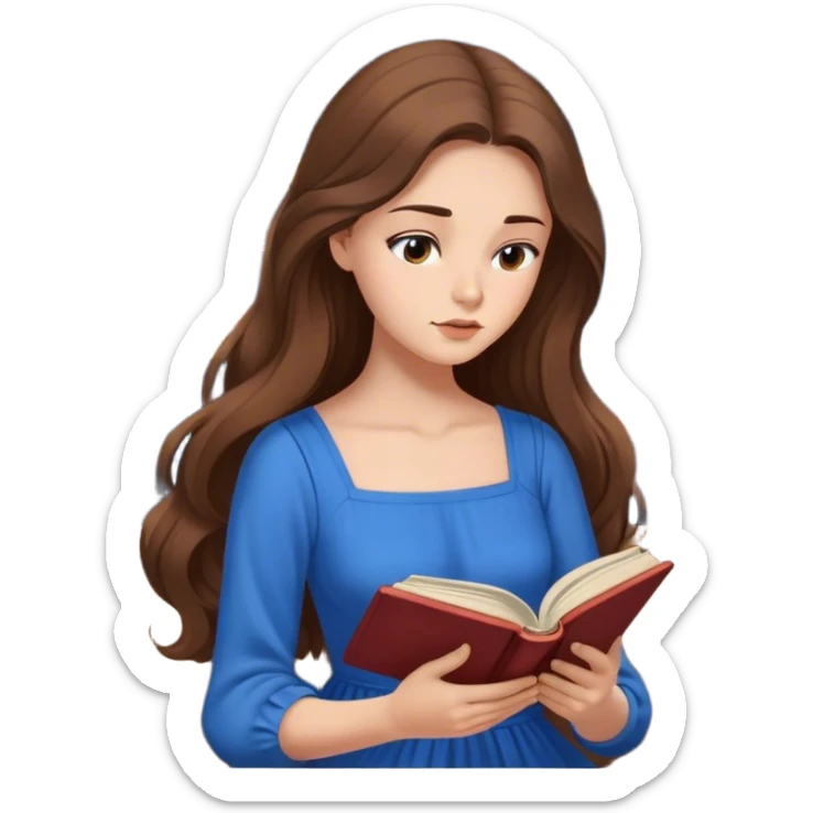 Cinematic Elegant Belle Portrait Emoji, Sitting with an open book, eyes dreamy with thought, her iconic blue village dress draped gracefully, exuding intelligence, kindness, and timeless charm! sticker