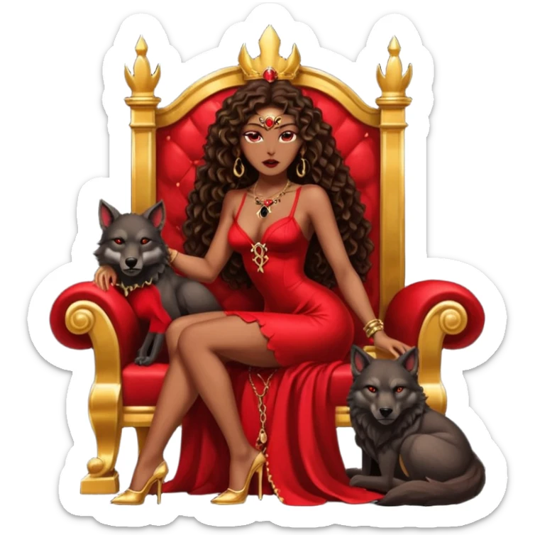 Lilith symbol seductress evil brown curly long hair haired, sexy succubus woman with red and black Chanel dress sitting on a Black and gold throne. A large black wolf laying beside he sticker