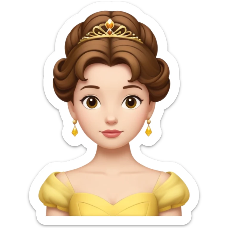 Belle princess from hips up, yellow ballgown, brown hair in updo, minimal style but clearly recognizable sticker