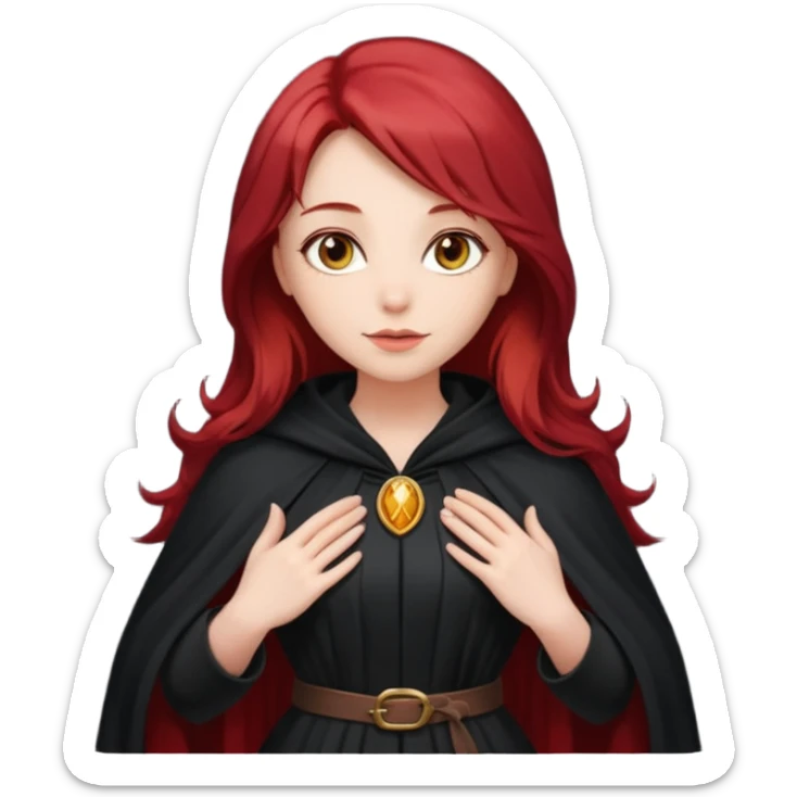 a beautiful woman with long red hair reaching her waist, hazel eyes, and wearing a black cloak sticker