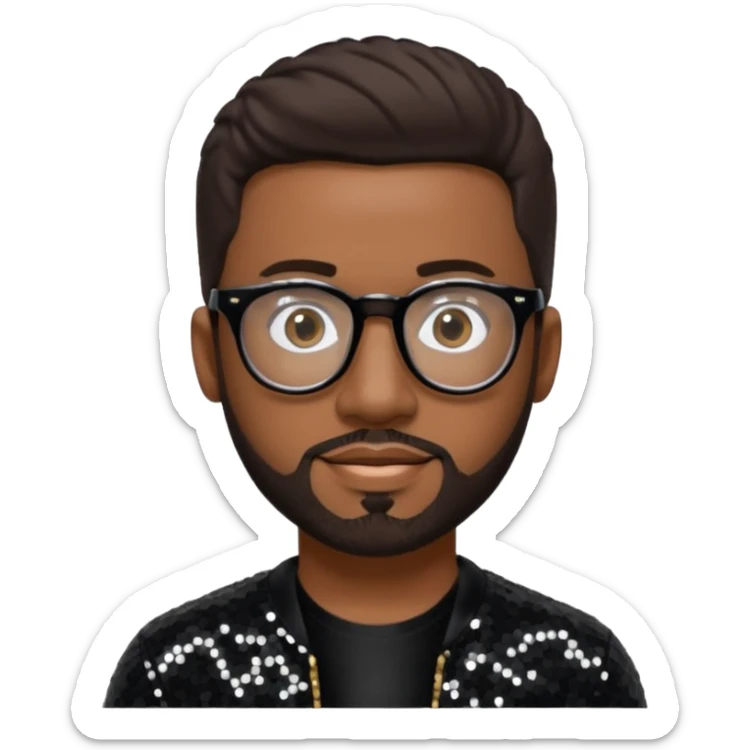 Nathan Morris (b.1971) from Boyz II Men with dark brown hair and short beard, black sequin outfit, glasses sticker