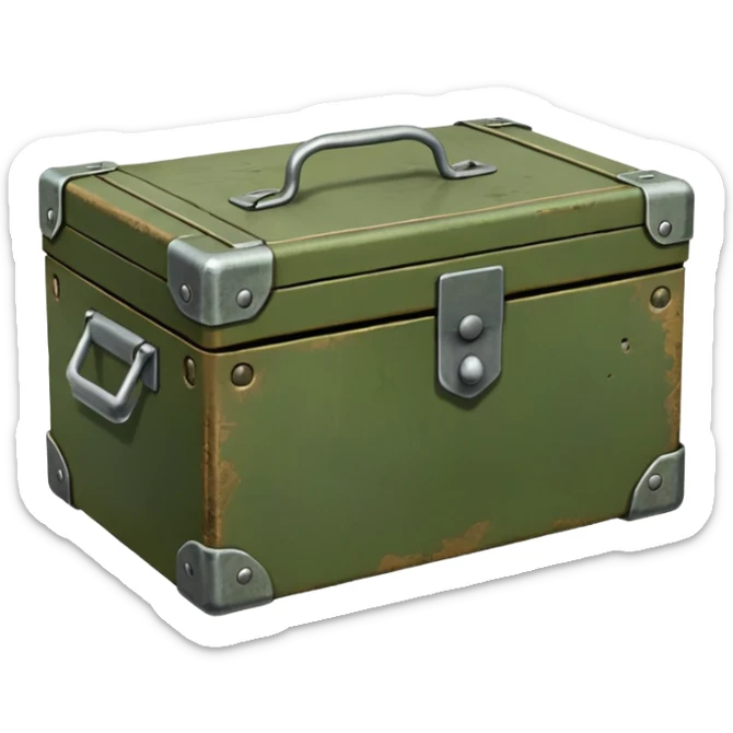 closed military box, simple shape, green or brown color, hint of military purpose sticker