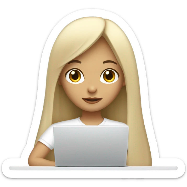 a girl with long dark straight hair and bangs, with fair, blond skin, working with a laptop (she is a marketer). wearing a white oversized t-shirt sticker