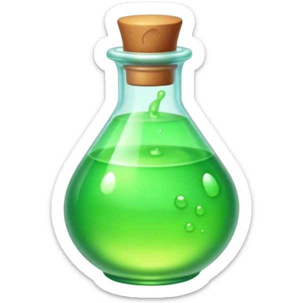 Clash of Clans aesthetic: Cinematic Playful Pixel 3D green health Potion Emoji, rendered in a 3D vector-style similar to standard emojis with minimal shading and bold, simplified shapes. A compact, distinct form with signature details, softly glowing with a pixelated adventure charm. Simplified yet unmistakably iconic, highly detailed and consistent, glowing with a soft radiance and high shine. Stylized with a touch of classic pixel-art charm and a soft glowing outline, capturing the essence of a beloved gaming relic with a friendly, playful manner! sticker
