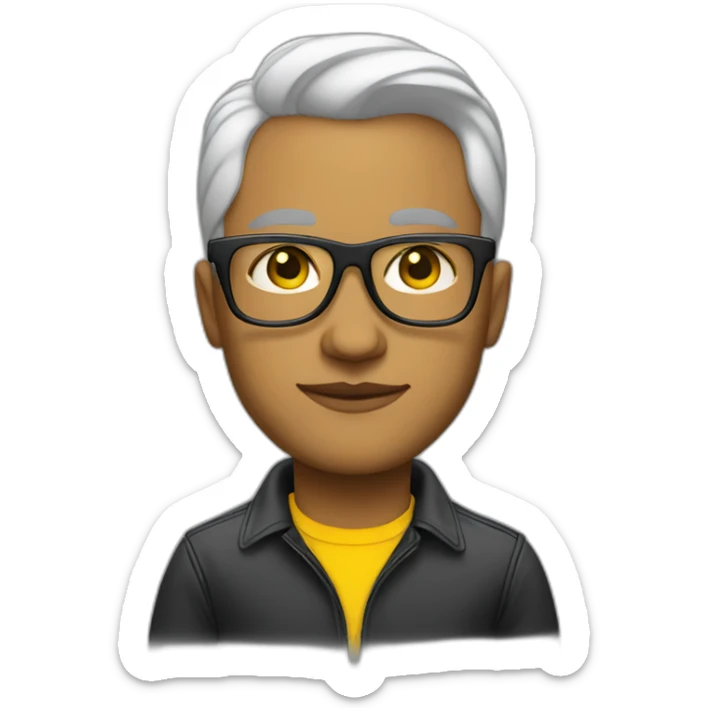 white entreprenuer with yellow tinted glasses and combed black hair and clean shaved sticker