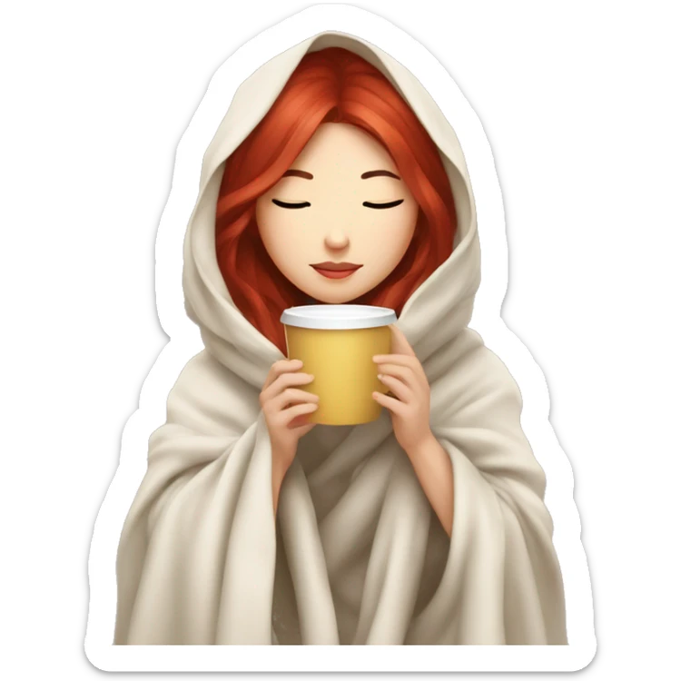 asian girl inside a blanket sipping coffee eyes closed red hair sticker