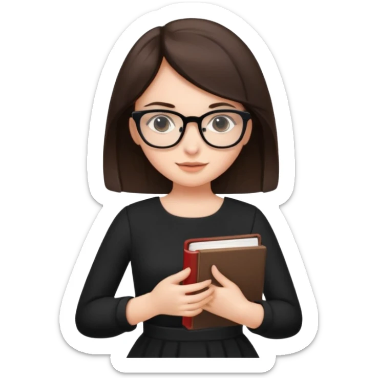 a cute brunette girl in a black dress wearing glasses  with two hands  sticker