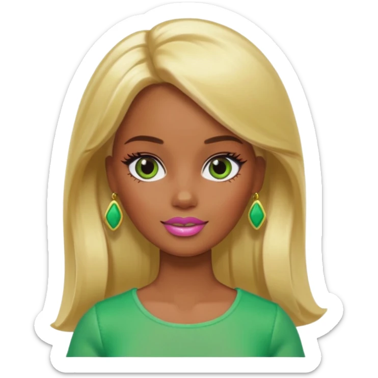 Brown skin blonde hair Barbie with green on her face  sticker