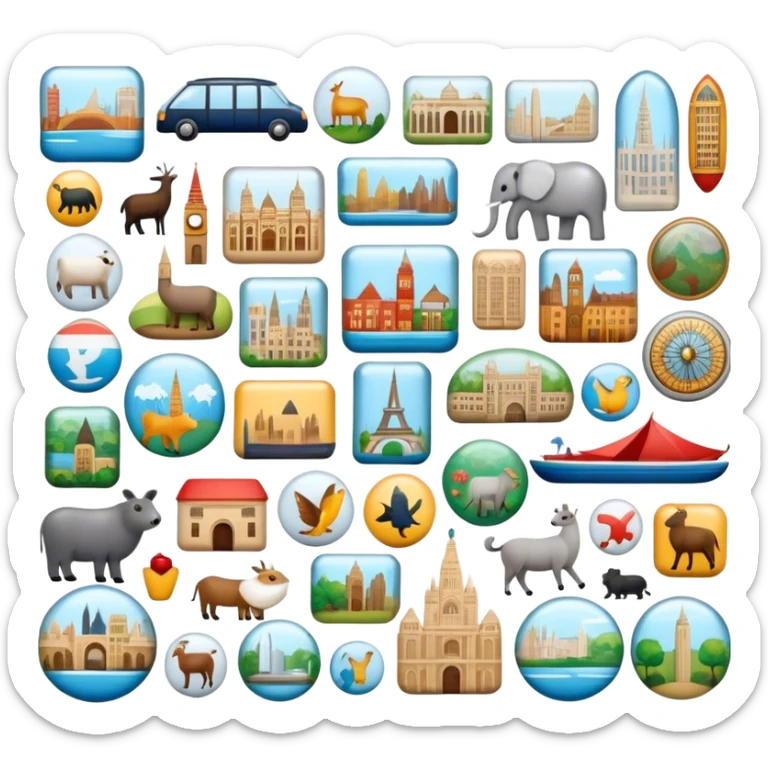 Icon for Magnet Collecting: a close-up of a fridge door covered with a variety of magnets, featuring cities, animals, symbols. The icon should highlight the diversity and charm of magnet collections. Transparent background. sticker