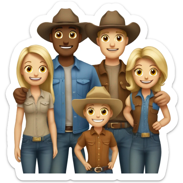Family of five, all with cowgirl hats on, 2 blonde teenagers, 1 light brown haired mom, 1 little boy with brown hair and a brown hair dad sticker