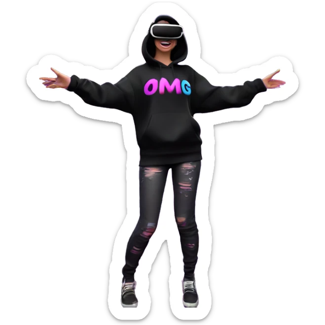 Russian girl wearing black hoody with violet letters "OMG", in vr headset oculus quest2. Dancing. Cyberpunk style. Violet neon. sticker