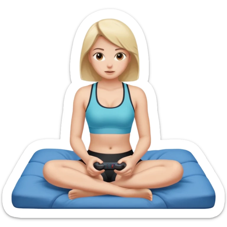 a naked girl sitting on her bed, in a sports bra, playing a video game sticker