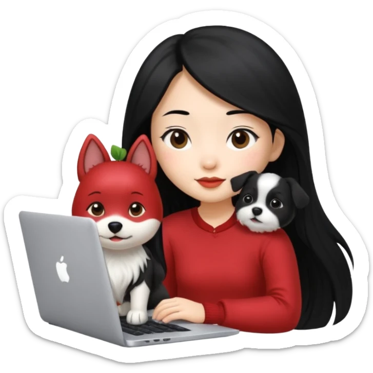 Asian girl with long black hair working on an Apple laptop, next to her is a small black and white dog with no collar on  sticker