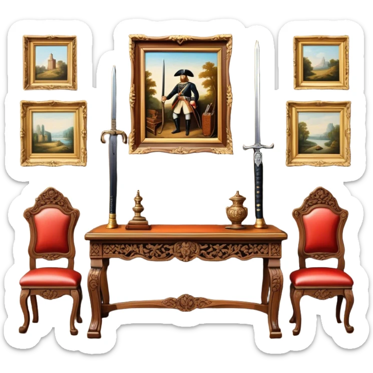 Icon for Antiques Collecting: vintage intricately carved furniture, famous paintings, antique swords, and rifles. The items are displayed on a wooden table or shelf. The icon should evoke the rich history and craftsmanship of antique collecting. Transparent background. sticker