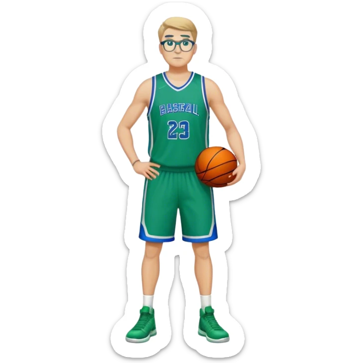 full body heavy tall white male basketball wearing glasses in blue an green uniform sticker