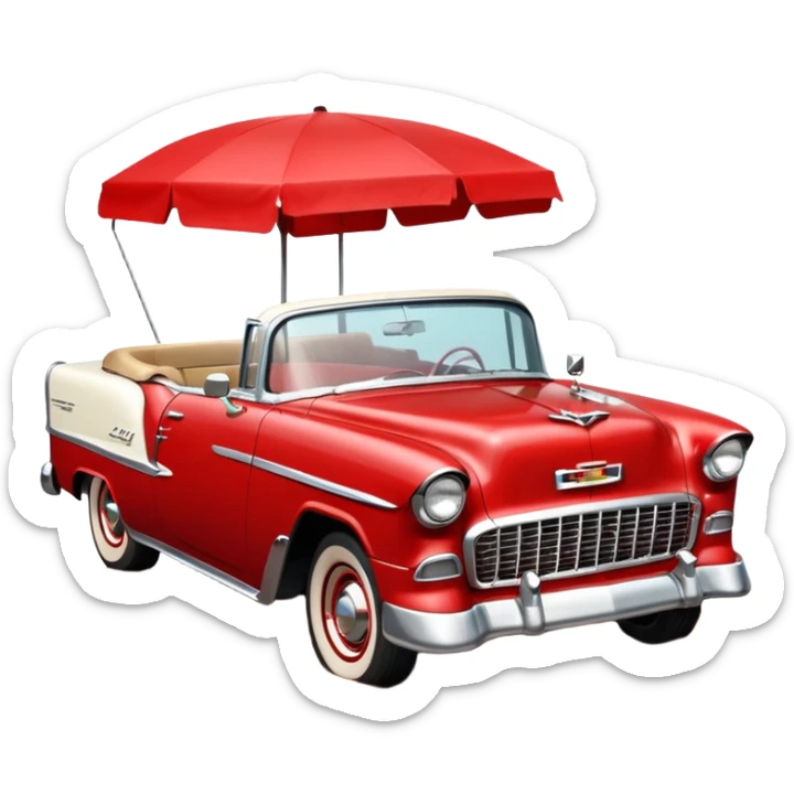 1955 Chevrolet Bel Air Convertible, Red-White color, with a bucket of brown mud pouring down on it, and the car itself is covered in brown mud on the sides that has stuck.32x32 pixels, aspect ratio: 1:1 sticker
