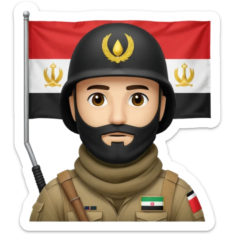 surrenders, depicts an Iraqi soldier from 1980, with a beard, in a helmet, a helmet with sign flag Iraq, with a balaclava, with sad eyes and both hands raised up sticker