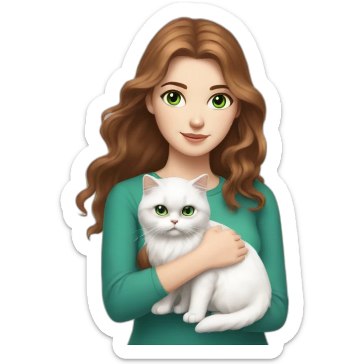 white girl with brown wawy hair and blue eyes, who hold a small white persian cat with green eyes sticker