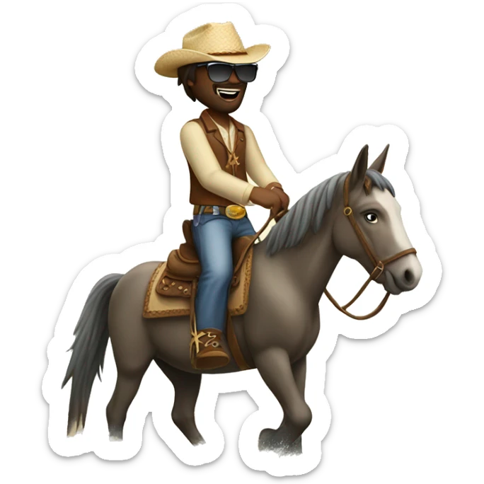 A horse riding a donkey in the middle of an ocean wearing cowboy boots and parada sunglasses  sticker