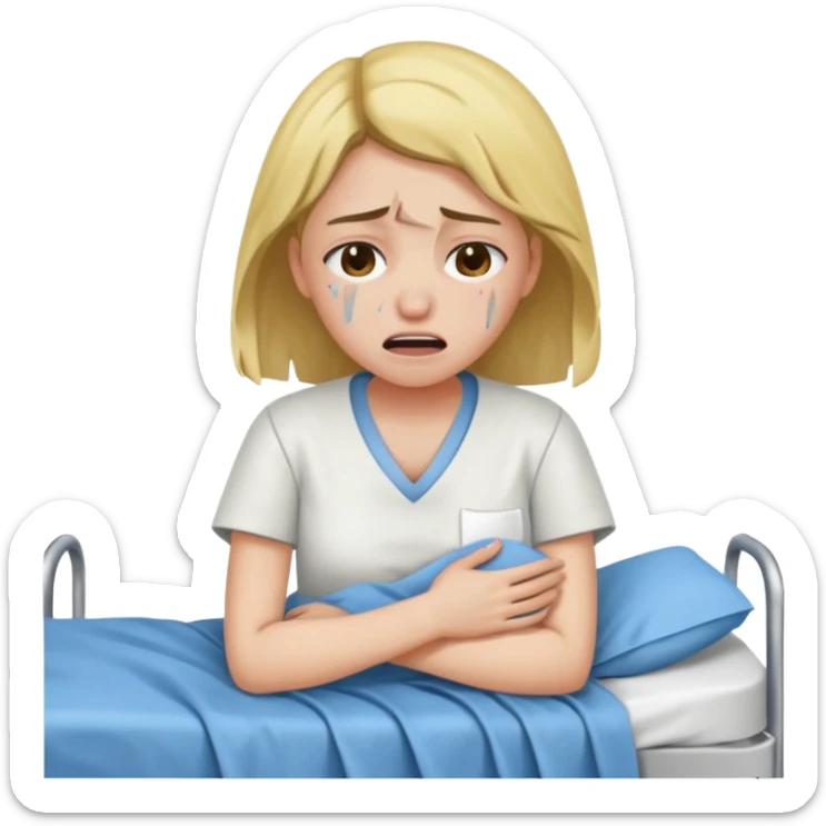 Mulher jovem chorando muito em cima de uma maca de hospital com as roupas rasgadas sticker