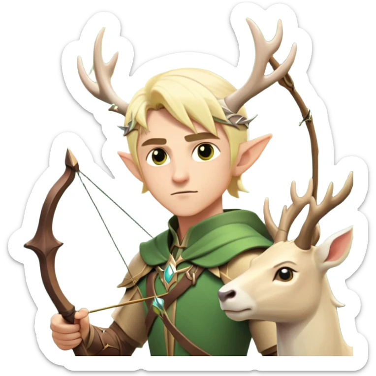 clash-of-clans-aesthetic-blond-male elf-archer-portrait-emoji, rendered in a flat, vector-style with minimal shading and bold holding his bow, simplified shapes, head tilted slightly forward with a determined, focused expression, riding a majestic white stag whose antlers glow with mystical energy, set against an ancient, enchanted forest backdrop. sticker