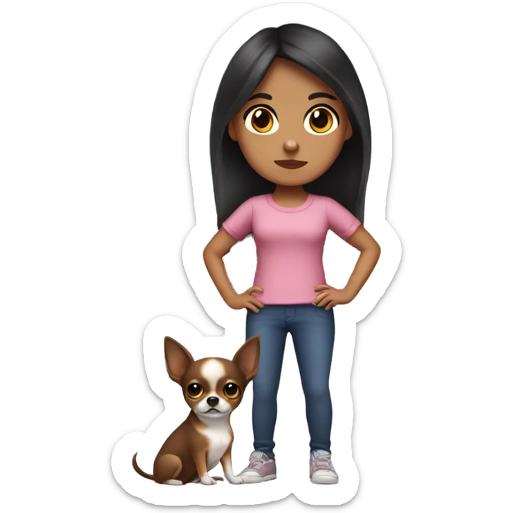 A girl with dark hair and dark eyes and a chihuahua in her arms sticker