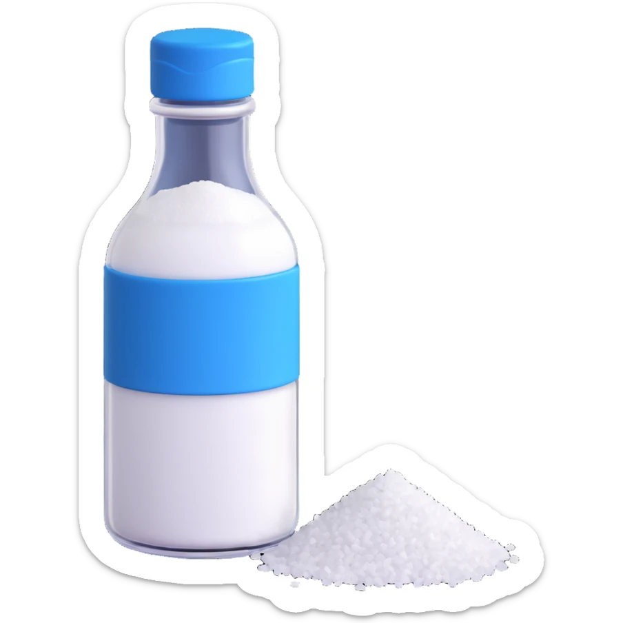 3D style salt bottle, cartoonish, blue cap, transparent body, white salt, playful look sticker