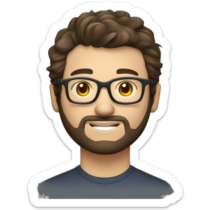 man with light skin, short messy hair, dark brown hair, with glasses, with a beard and short bogey. Happy computer technician with a laptop sticker