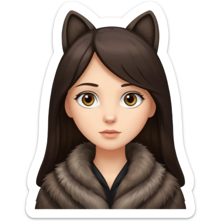 Long straight dark hair brunette with grey eyes wearing fur coat sticker