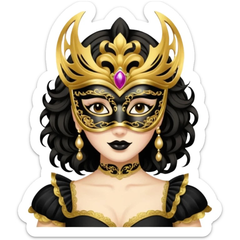A woman in an ornate gold masquerade mask and elegant outfit, holding the mask delicately. sticker