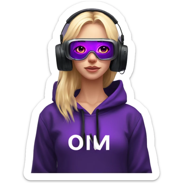 Russian cute blond student girl wearing black hoody with violet letters "OMG", in vr headset. No eyes. Cyberpunk style. Violet neon. sticker