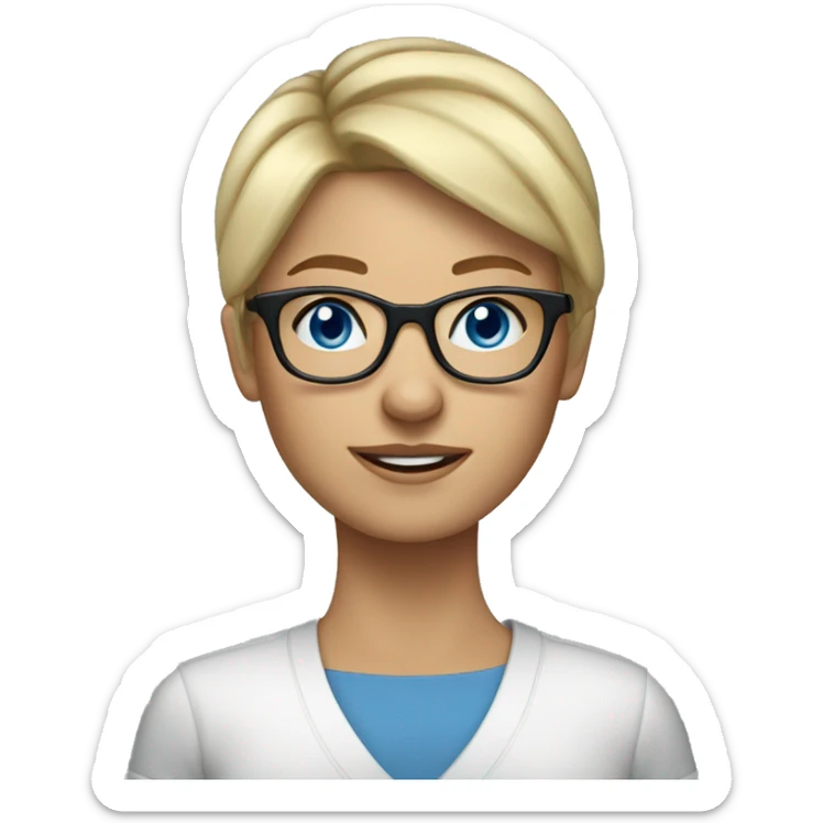 woman, wedge blonde hair, glasses, blue eyes, round face sticker