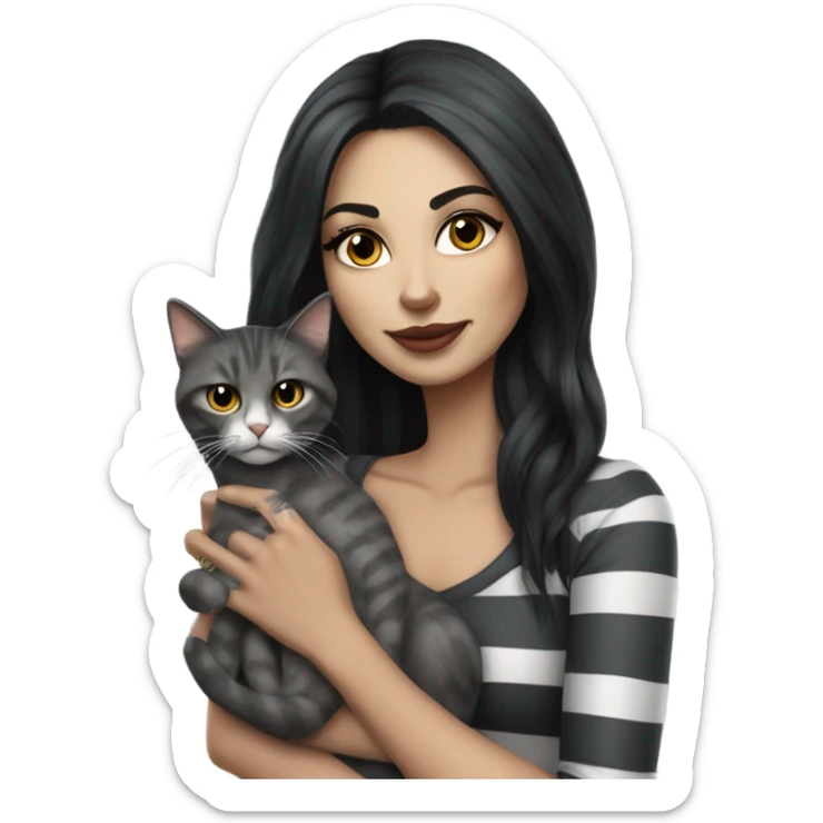 Beautiful dark haired tattooed woman holding gray and white stripe long haired cat sticker