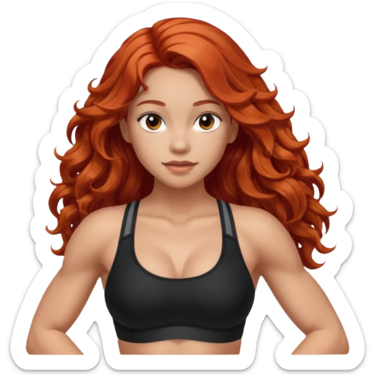 Athletic girl with long light red wavy hair and smaller boobs bigger arms. middle part and black sports bra, long hair sticker