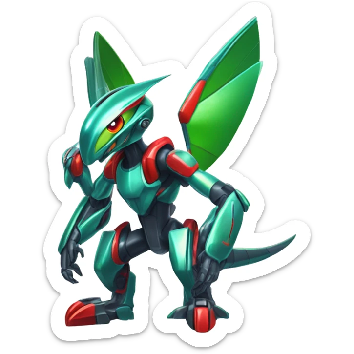 a shiny metallic Genesect-Flygon-Raptor-Fakémon-Medabot-hybrid with a futuristic visor-helmet full body sticker