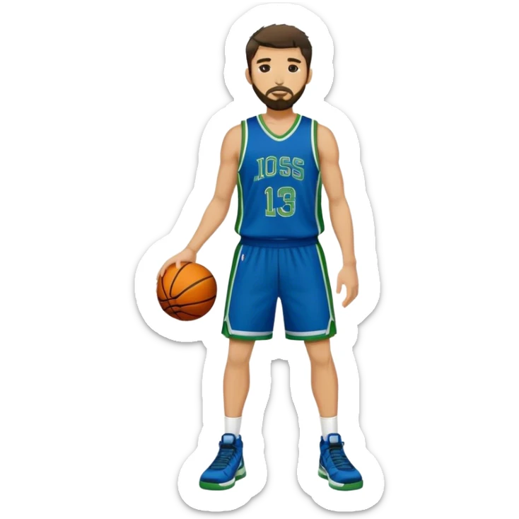 Full Body  white male basketball player with short dark shaggy hair and goatee beard wearing blue and green uniform sticker