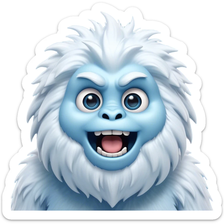 Cinematic Comical Yeti Portrait Emoji, with a cartoonishly exaggerated, fluffy figure in cool, frosty whites and icy blues, head tilted in an overly surprised expression with wide, comically sparkling eyes and a quirky, open-mouthed grin, simplified yet hilariously detailed, glowing with a soft frosty outline capturing the meme-worthy fun of a yeti in playful shock! sticker