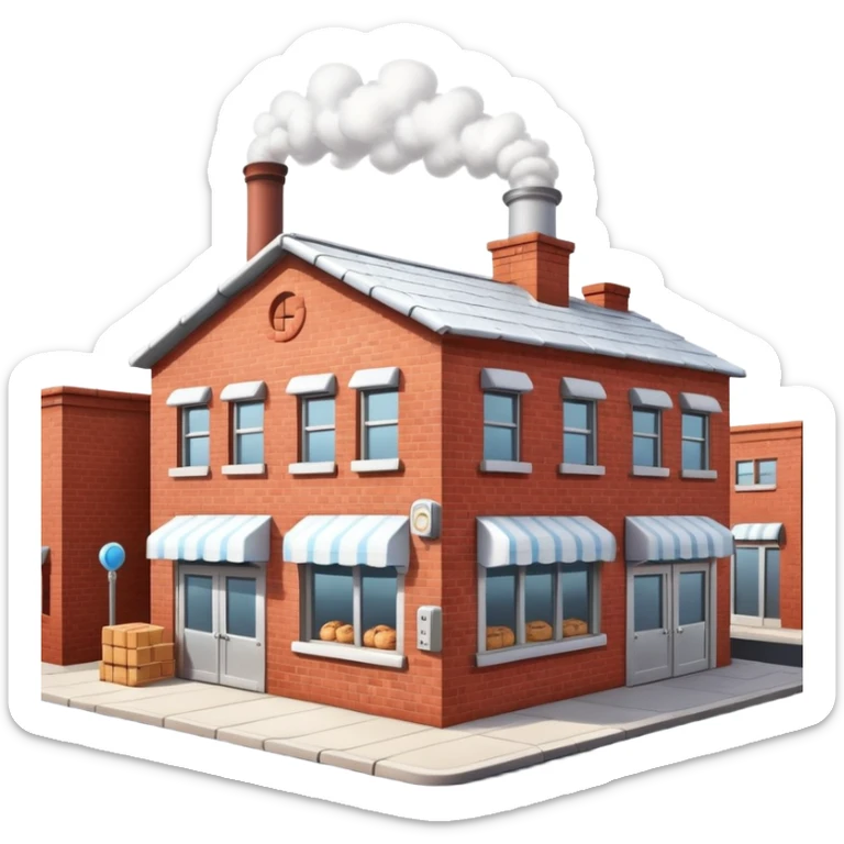 Exterior view of a small cartoon-style bakery factory, red brick walls, a single chimney puffing white smoke, metal pipes running along the walls and roof, cookie crates outside, emoji-style sticker
