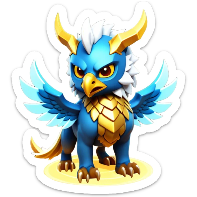 Clash of Clans aesthetic: Cinematic fierce lightning gryphon Beast Emoji, rendered in a 3D vector-style similar to standard emojis with minimal shading and bold, simplified shapes. A compact, isometric mythical creature with wild, majestic features and fierce yet endearing eyes, softly glowing with a primal enchanted charm. Simplified yet unmistakably iconic, highly detailed and consistent, glowing with a soft radiant shine and high polish. Stylized with a touch of mythical wildness and a soft glowing outline, capturing the essence of a legendary beast with a friendly, playful allure! sticker
