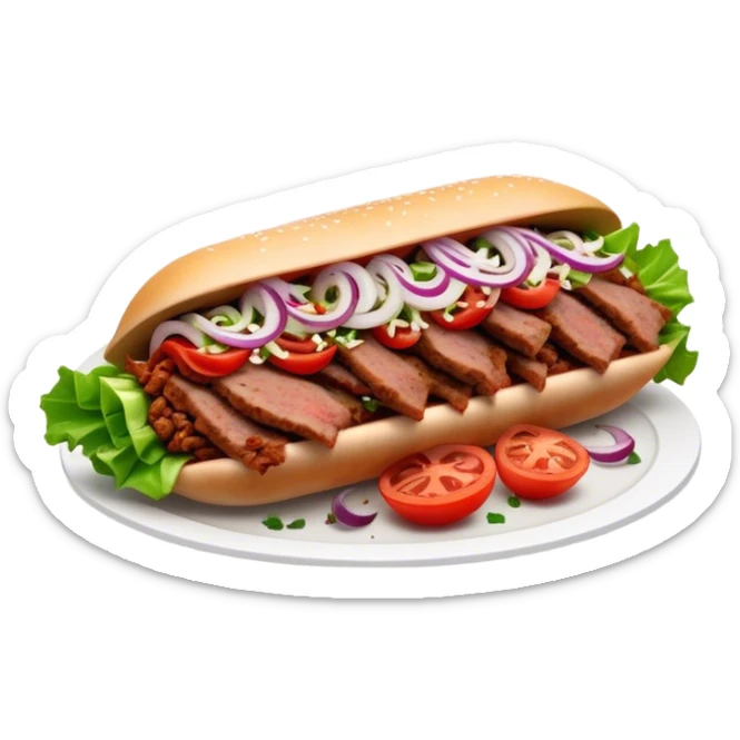 Cinematic Realistic Doner Kebab Dish Emoji, showcasing succulent, spiced meat shaved from a rotating spit rendered with lifelike detail and dynamic, appetizing lighting. sticker