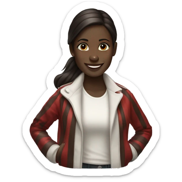 Portrait of an adult girl, dark skin, dark long straight brown hair, dark eyes, smiling, wearing a white jacket with red horizontal stripes. sticker