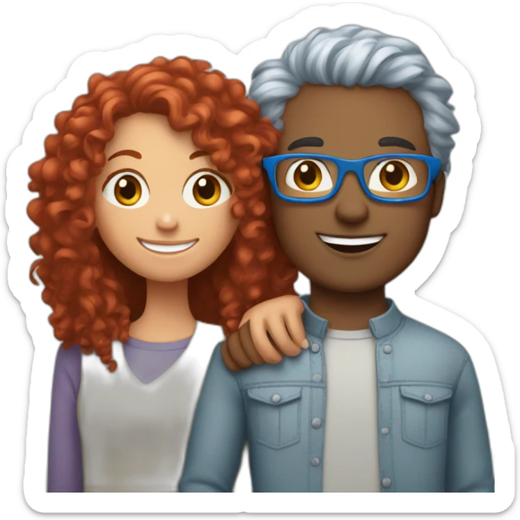 a girl with red curly hair and blue glasses hugging a boy with gray hair sticker