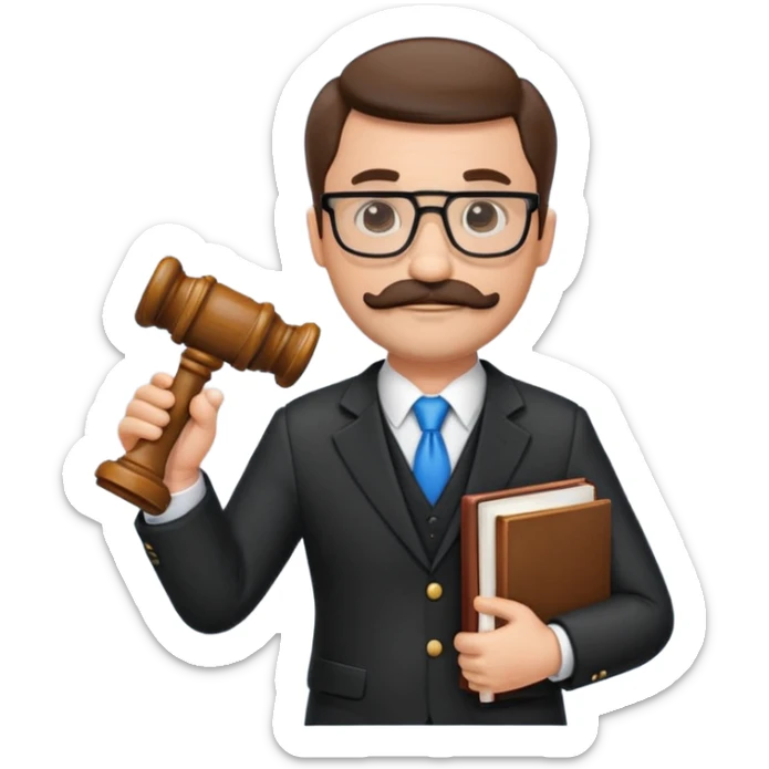 “Create a clean, modern emoji-style illustration of a male lawyer. He is wearing a formal suit jacket. He is holding a judge’s gavel in one hand and has a law book tucked under his arm. He has a mustache and a short beard, and he is wearing glasses. sticker