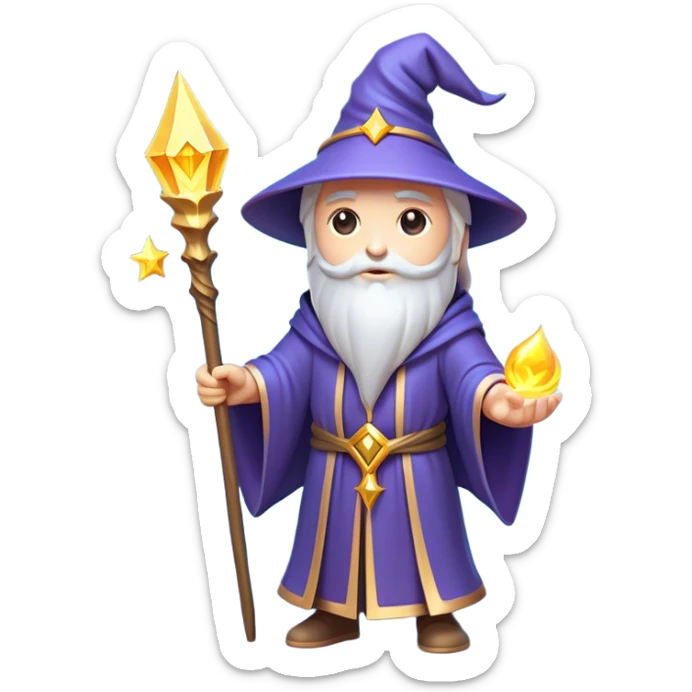 Clash of Clans aesthetic: Cinematic Playful Wizard Hero Emoji, rendered in a 3D vector-style similar to standard emojis with minimal shading and bold, simplified shapes. A compact, isometric figure draped in flowing enchanted robes and wielding a mystical staff, softly glowing with an arcane magical charm. Simplified yet unmistakably iconic, highly detailed and consistent, glowing with a soft radiant glow and high shine. Stylized with a touch of whimsical sorcery and a soft glowing outline, capturing the essence of a powerful wizard ready to cast spells with a friendly, playful spirit! sticker